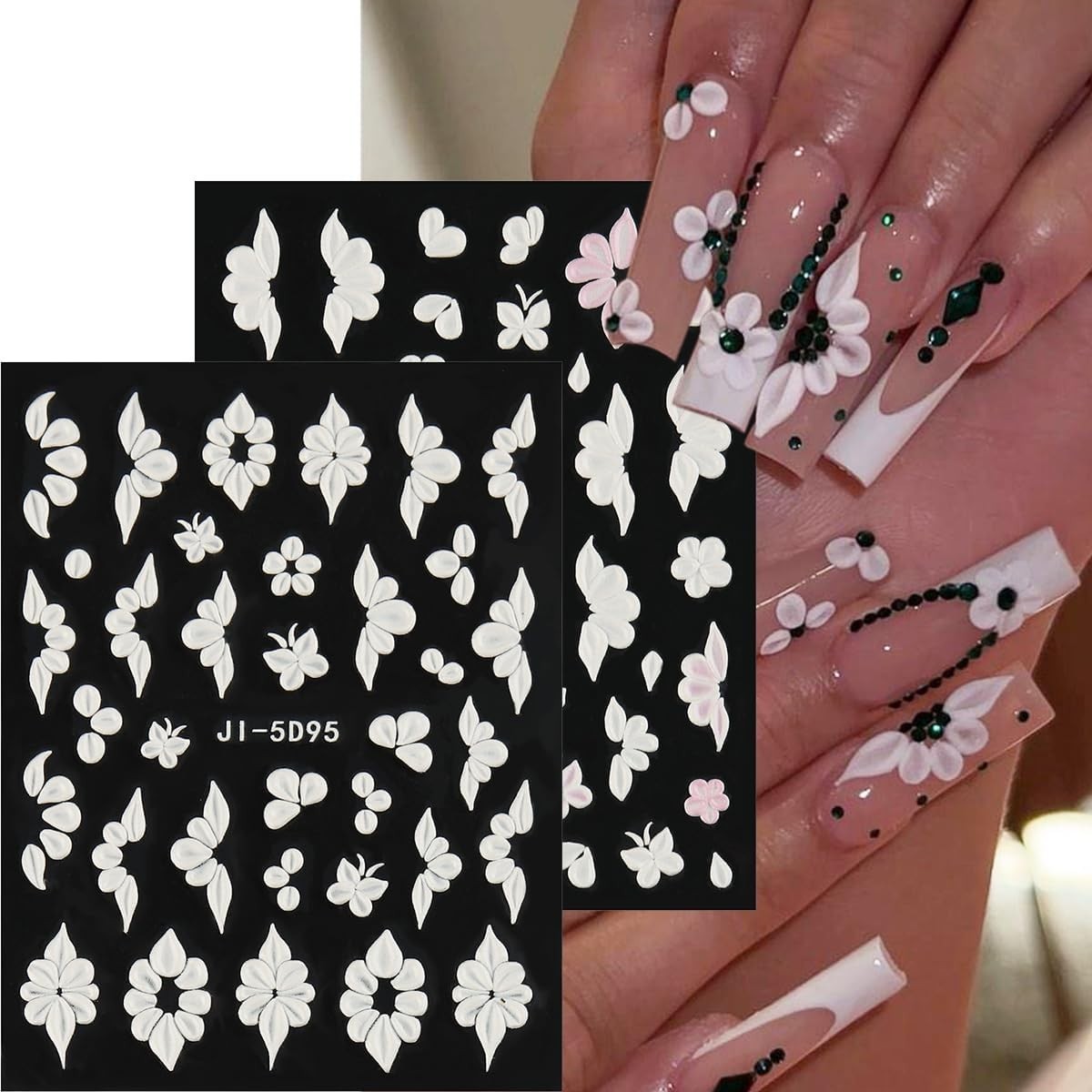 5D Embossed White Flowers Nail Stickers, 5 Sheets Self-Adhesive Floral Nail D…