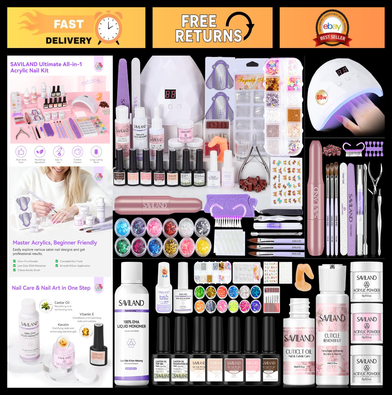 All-In-One Acrylic Nail Kit with Drill – Beginner Friendly, Clear White Pink Pow
