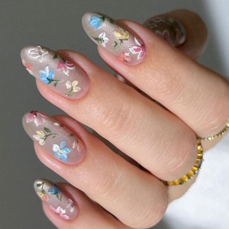 24Pcs Almond Artificial Nail With 3D Floral Effect And Cats Eye Detail