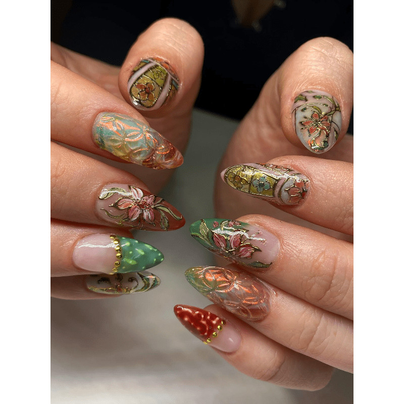 Vintage Floral Handmade Press on Nails Gradient Gold Sheer Daily Fake Nails