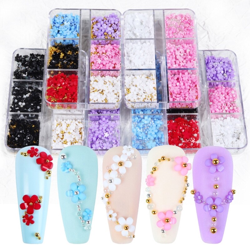 Pearl Nail Art Charms Nail Glitter White/Pink/Blue/Purple /Red Flower 3D Mixed