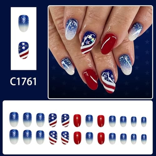 4th of July Press on Nails – Red, White, Blue Glitter – Short Style – 31