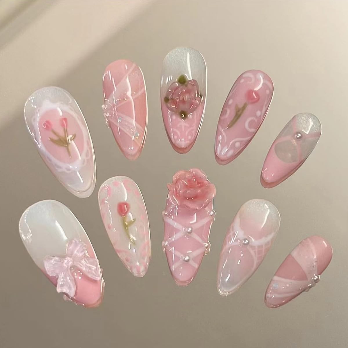 Handmade Press on Nails Medium Almond Fake Nails Pink False Nails with Pearl D