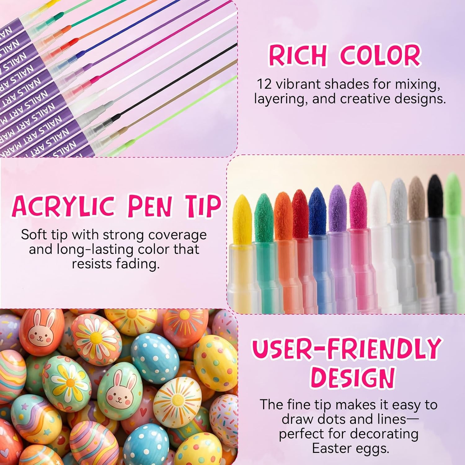 12 Colors Nail Art Pens Set, 0.7mm 3D Nail Polish Pens, Quick Dry, Long Lasting