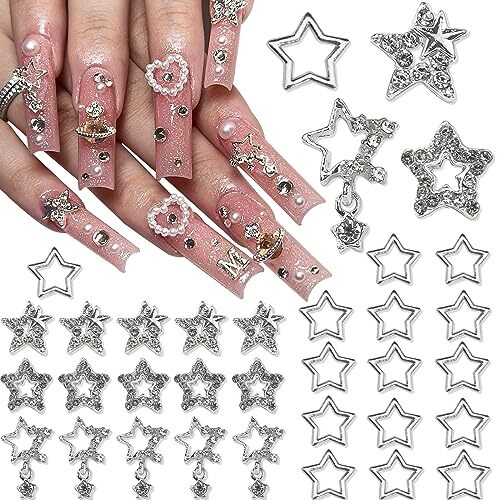 30PCS Star Nail Charms 3D Alloy Nail Art Charms 4 Styles Silver Stars Nail