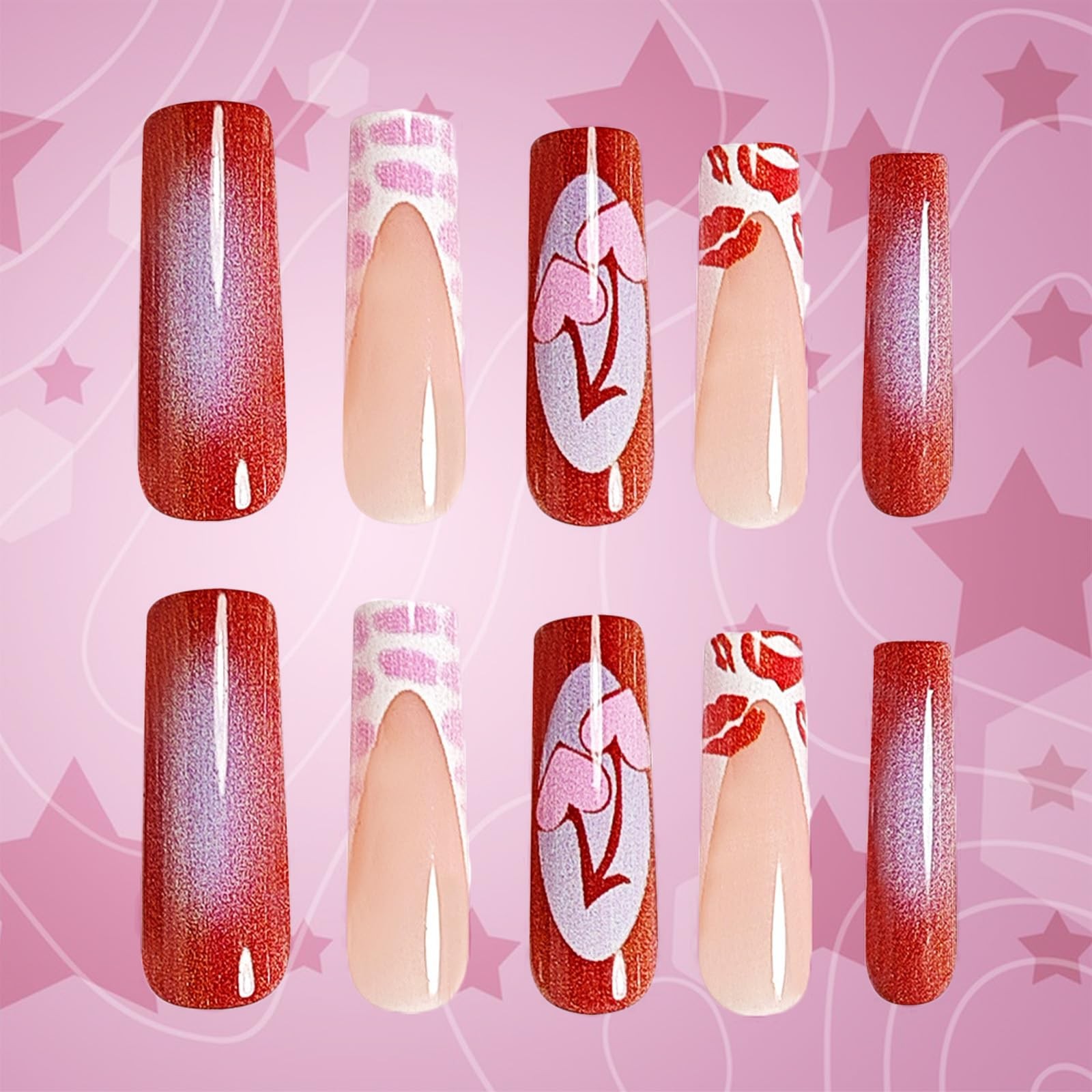 Long Press on Nails French Tip Square Fake Nails with Love Cherry Lip Print D…
