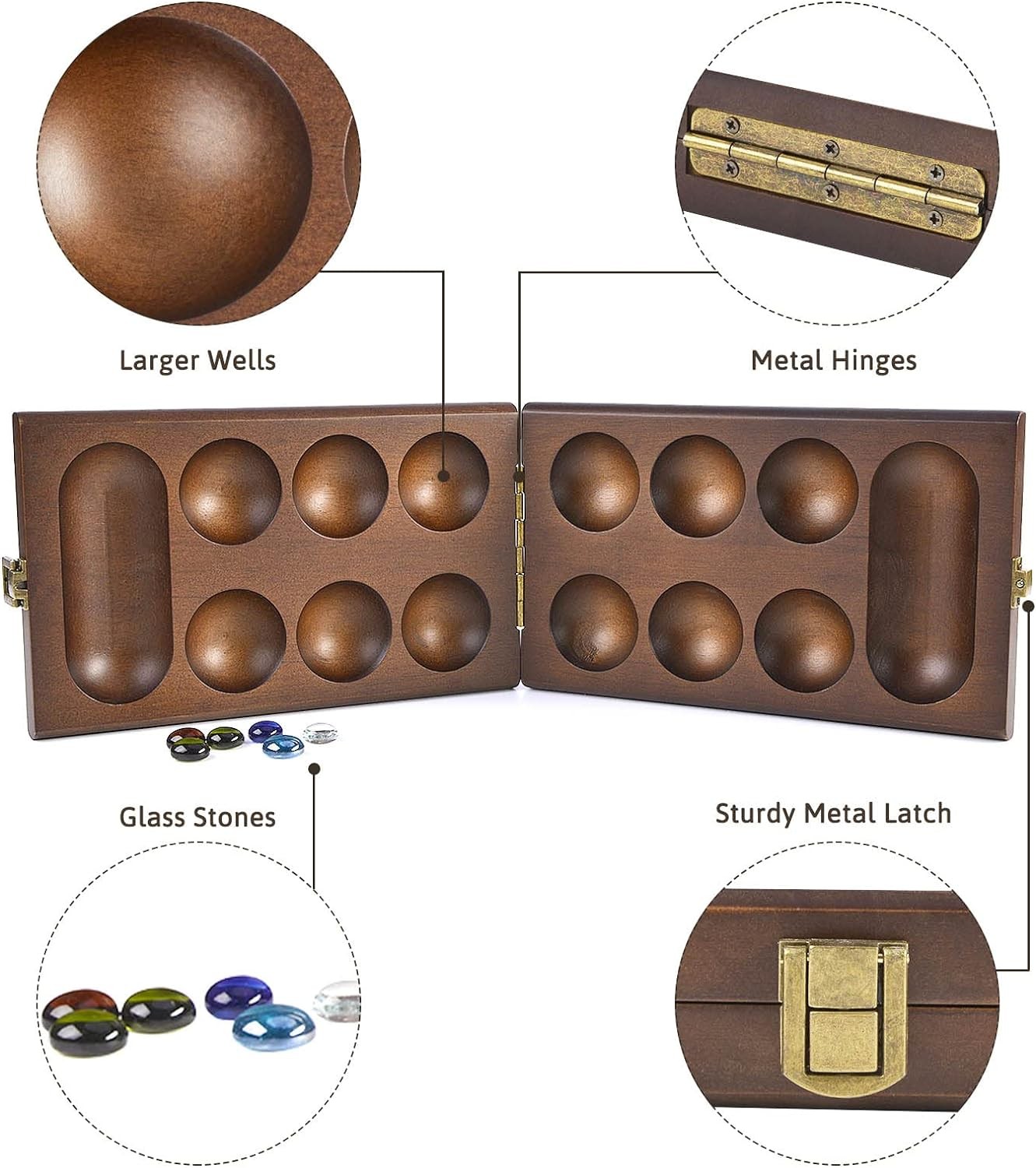 AMEROUS Wooden Mancala Board Game Set with 72+8 Bonus Multi Color Glass…