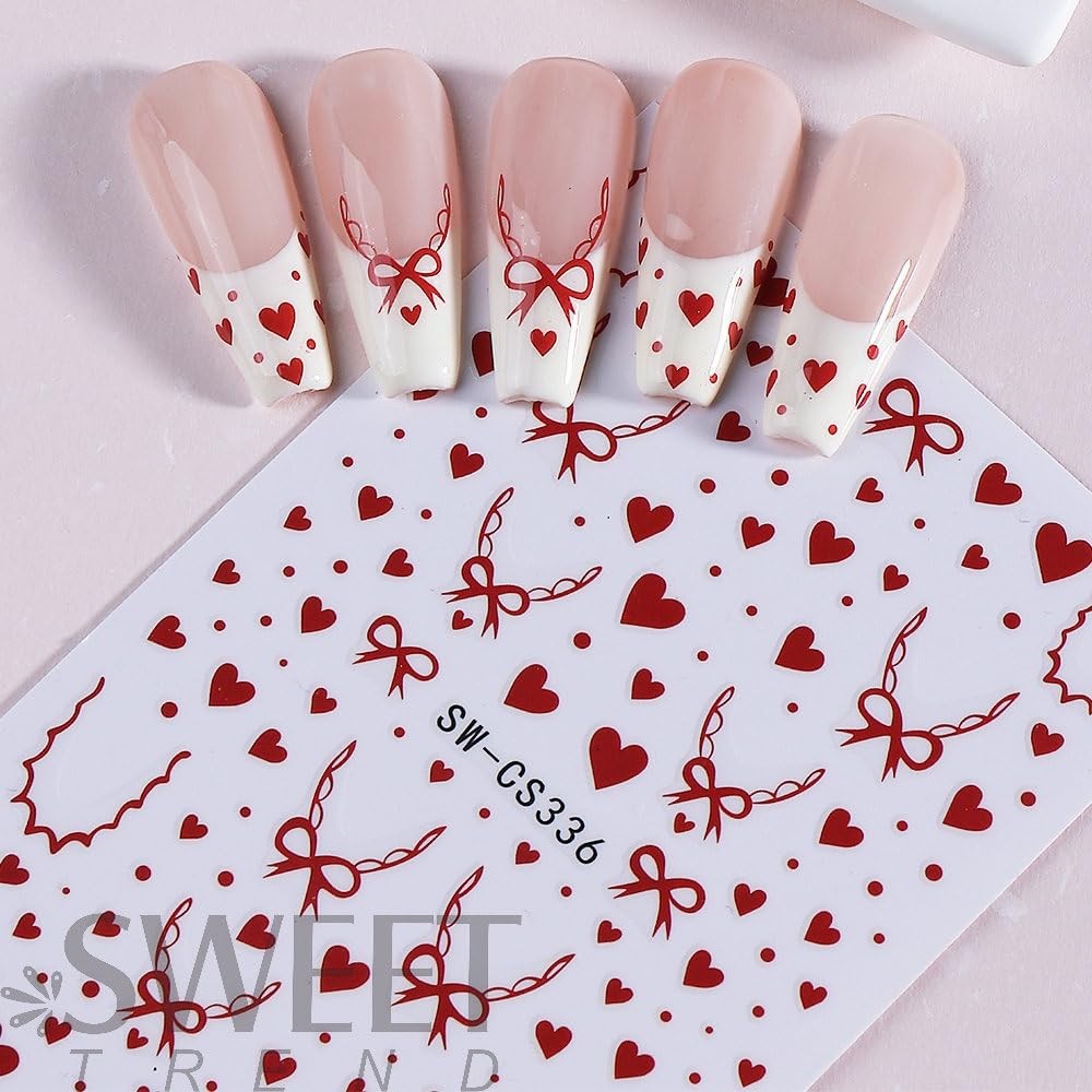 4 Sheets Valentine’s Day Nail Stickers Red Hearts Nail Decals Cute Yellow Lov…
