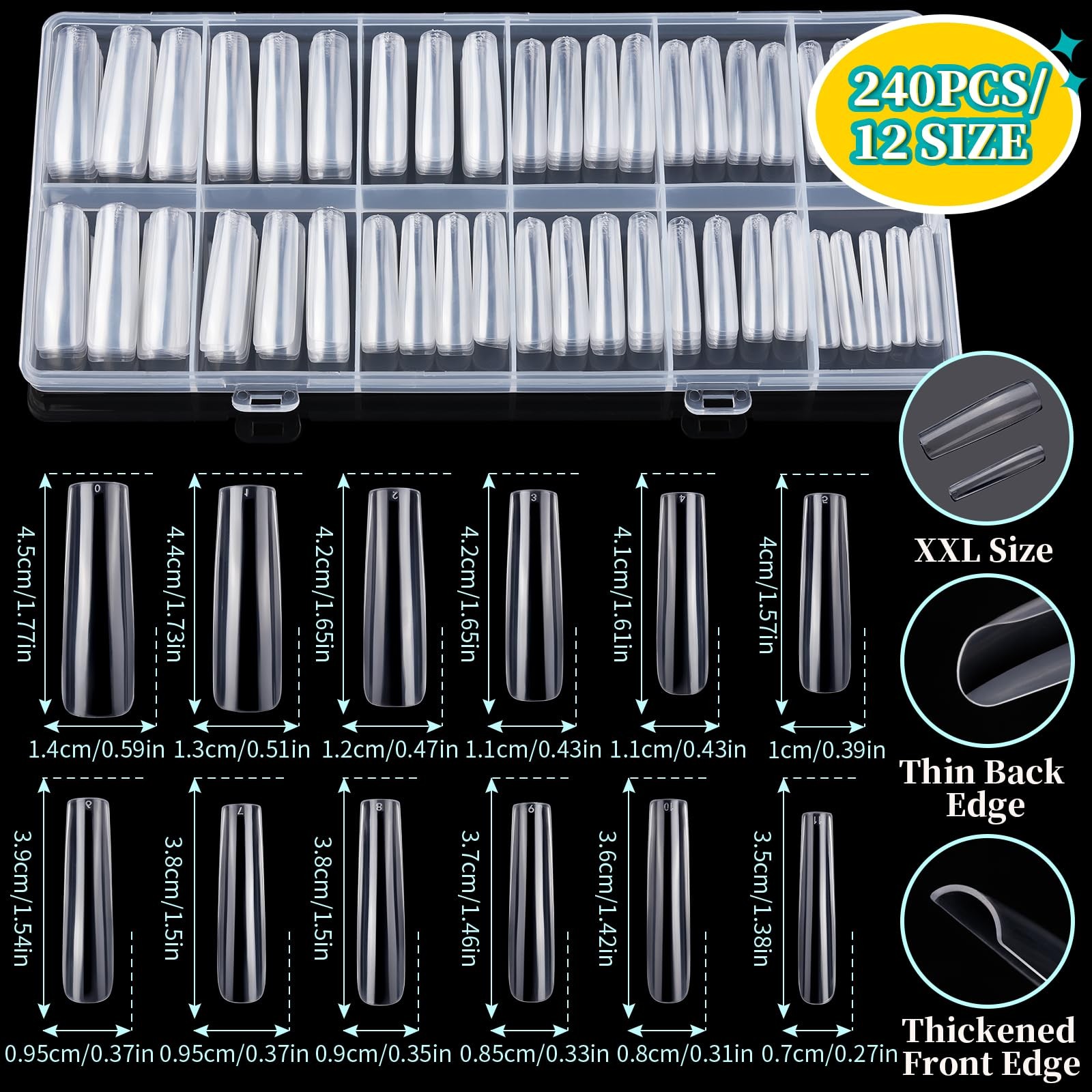 Square Nail Tips with Nail Charms Nail Art Brushes, 240pcs XXL Fake Nails wit