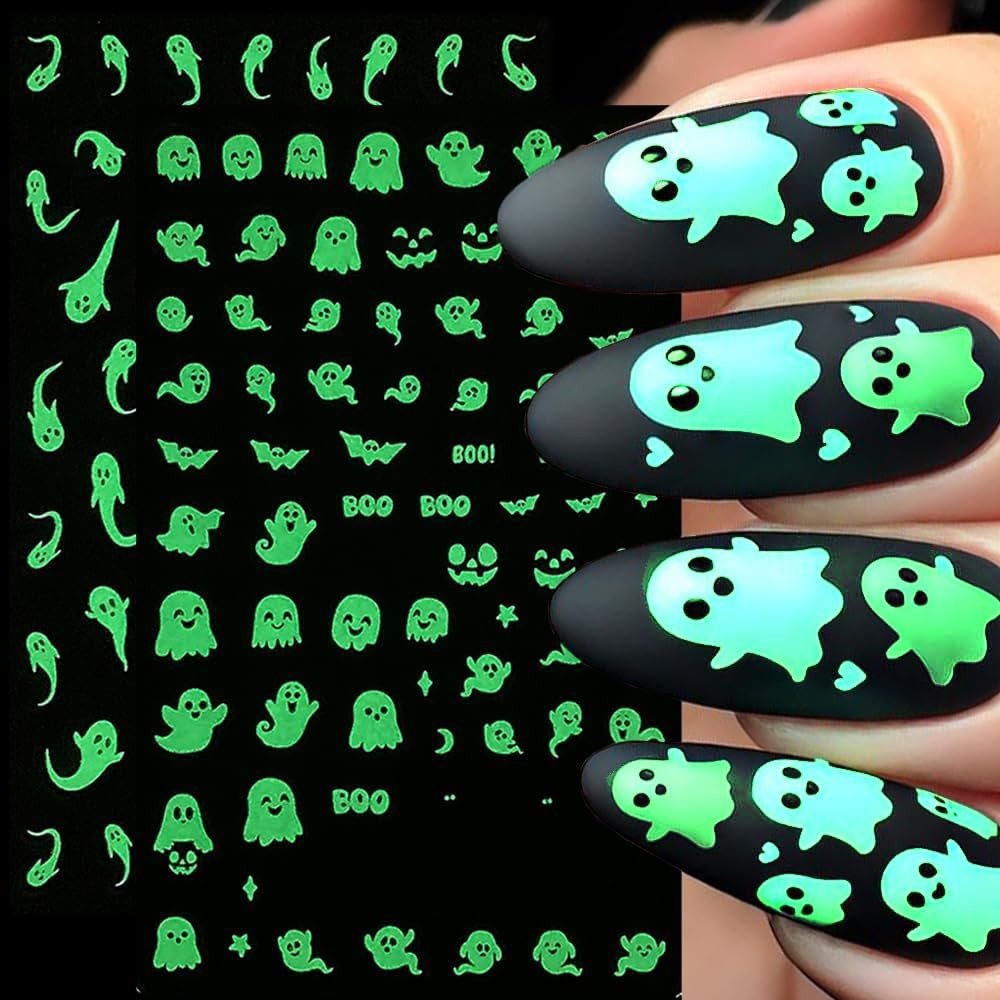 6pcs Halloween Nail Stickers Light in The Dark Cute Ghost Nail Decals Luminou…