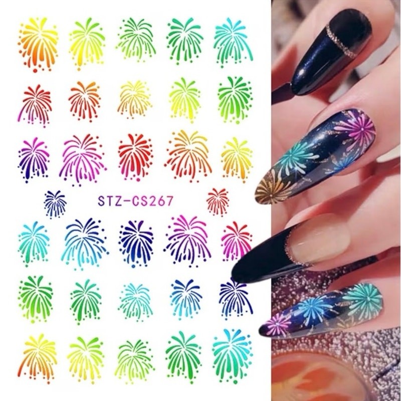 NEW 8 Sheets Colorful Firework Nail Stickers for Nail Art 3D Self-Adhesive