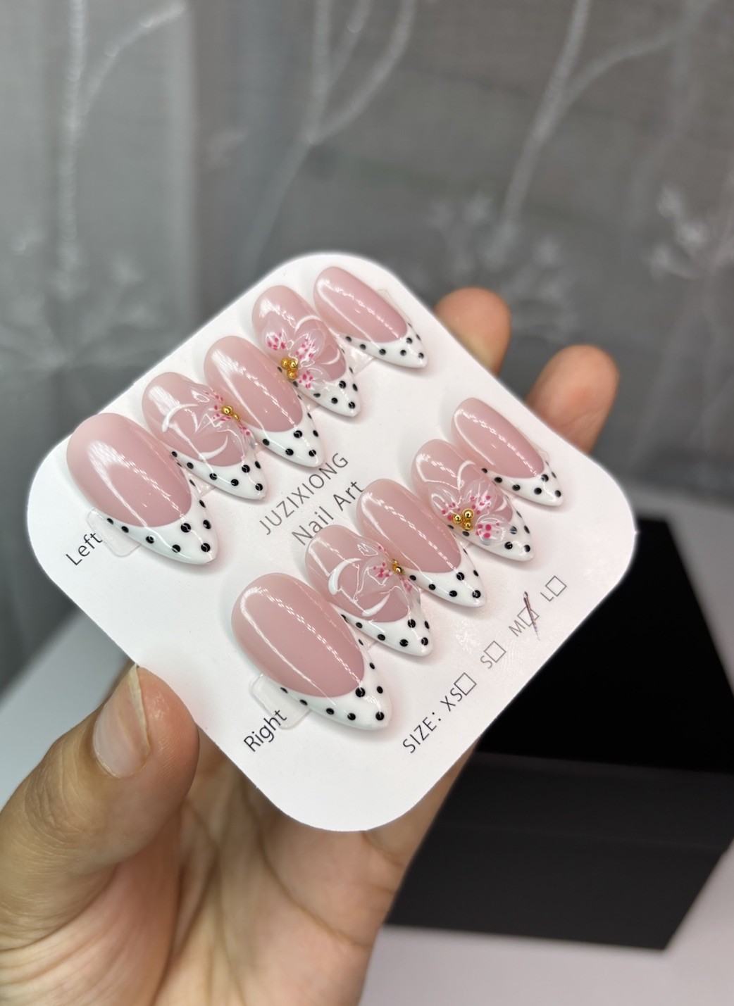 Polka Dot French Almond Press On Nails With Floral Details Size Medium New