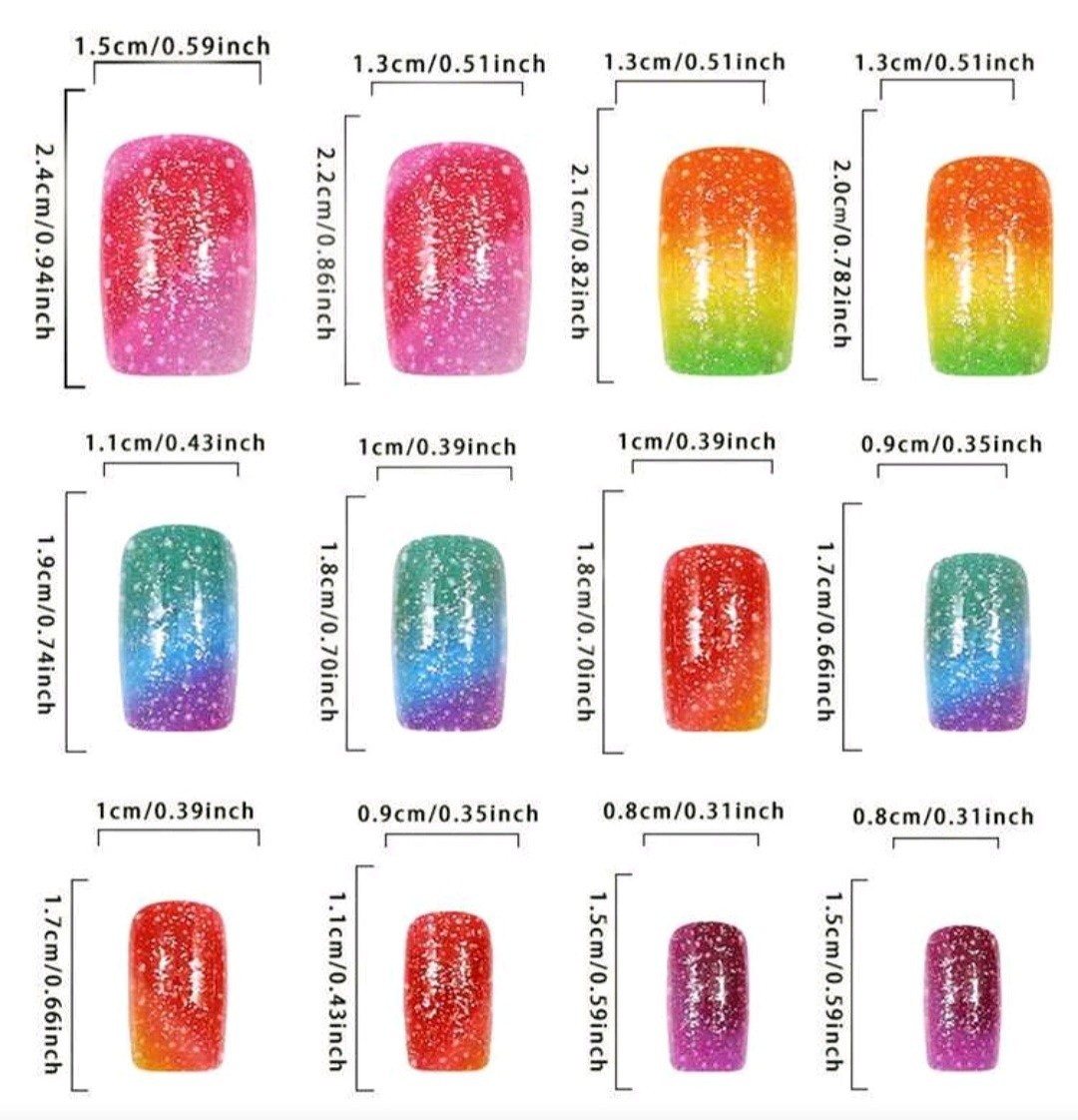 Press-On Nails Summer Multi-Color Rainbow Bright Medium Coffin Textured Glitter