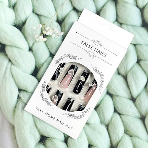 Press on Nails Coffin Long Black French and Silver Star Heart Glitter Gems