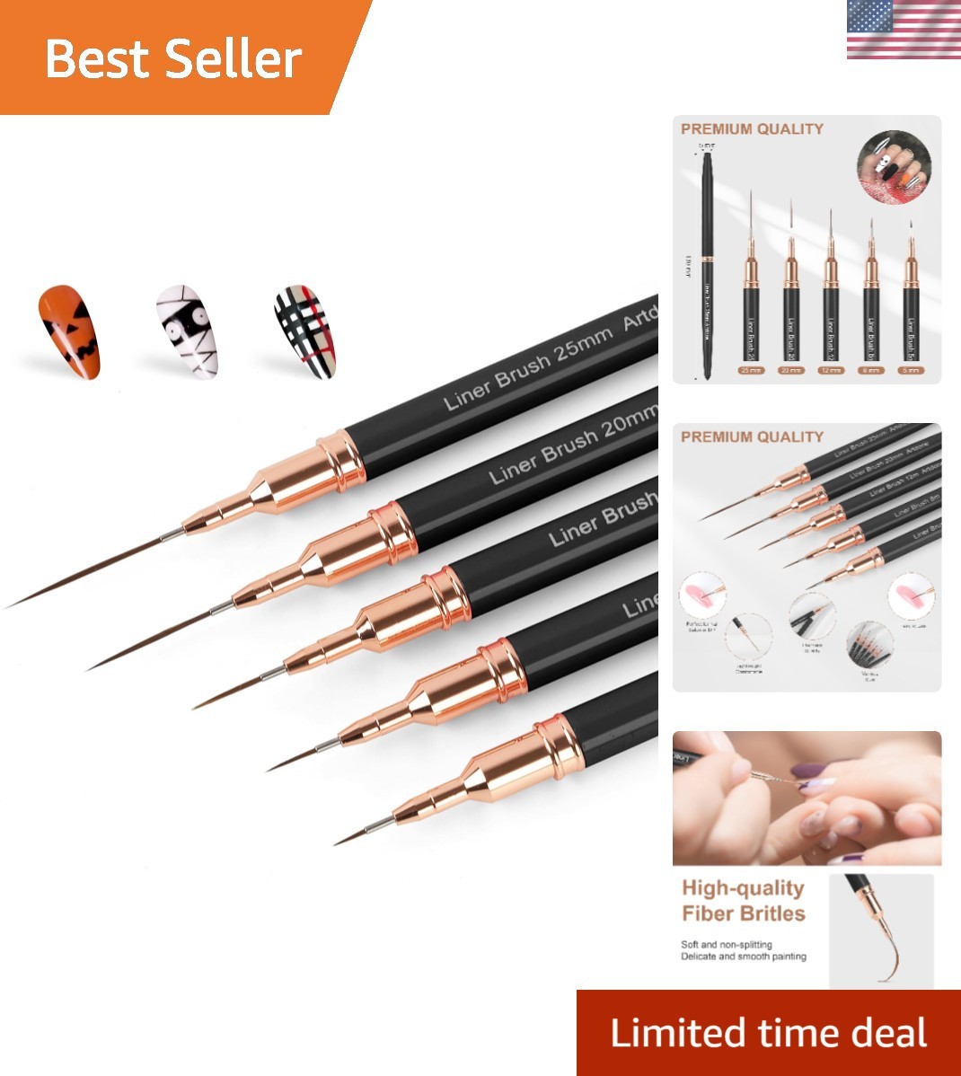 Professional 5-Piece Liner Brush Set for Nail Art – Detailed Black Design Tools