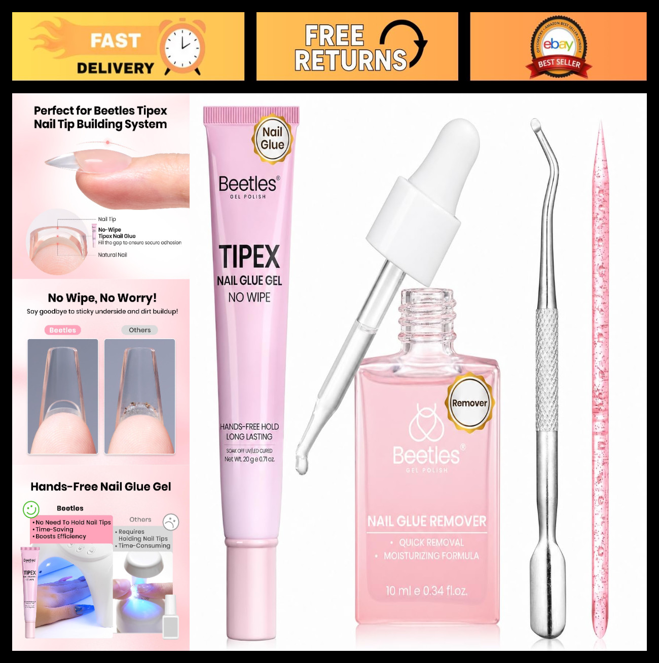 Gel Nail Glue & Remover Kit – 20g No Wipe Hands-Free Adhesive, 10ml Gentle Remov