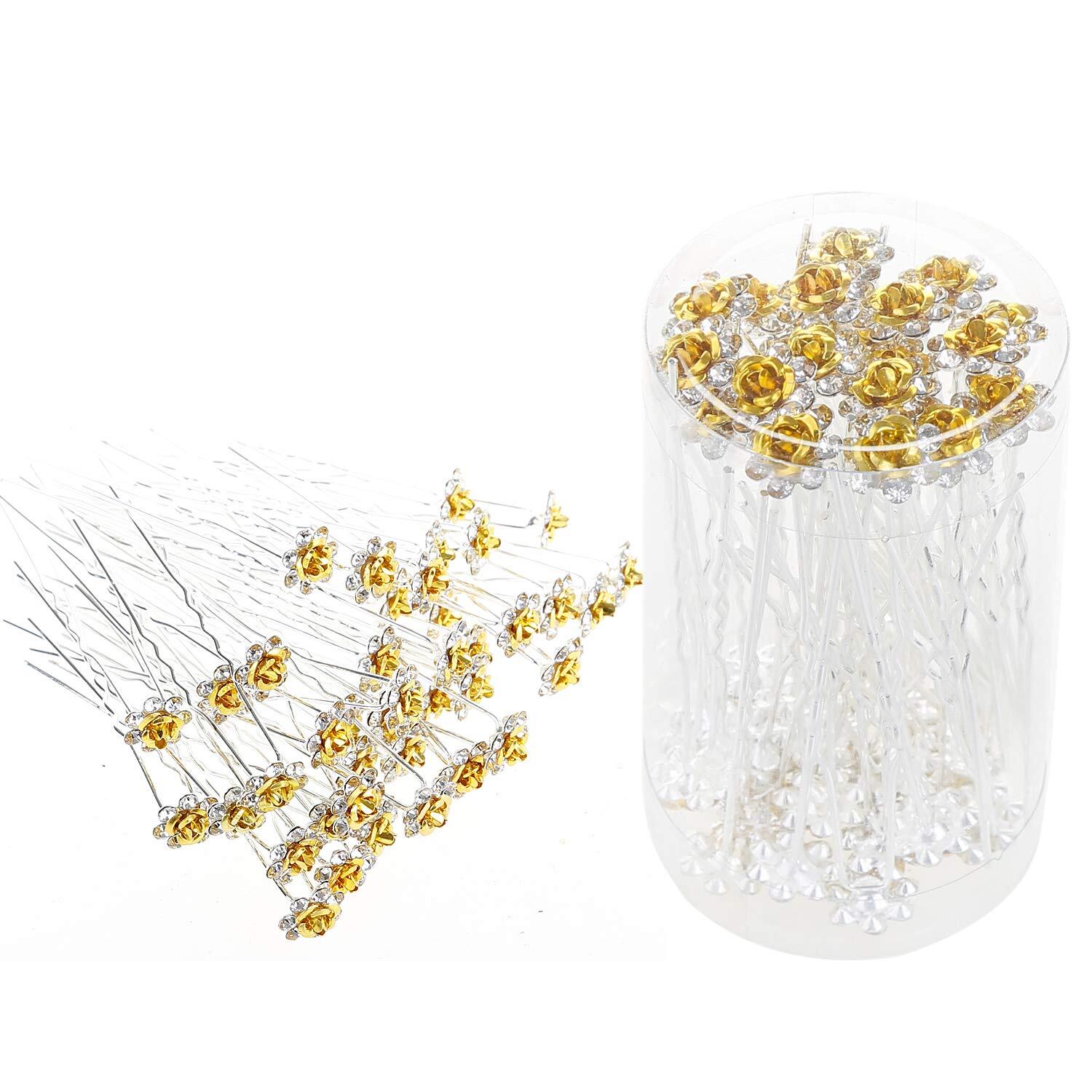 BETITETO 40 Pcs U-Shaped Flower Rhinestone Hair Pins Crystal Yellow