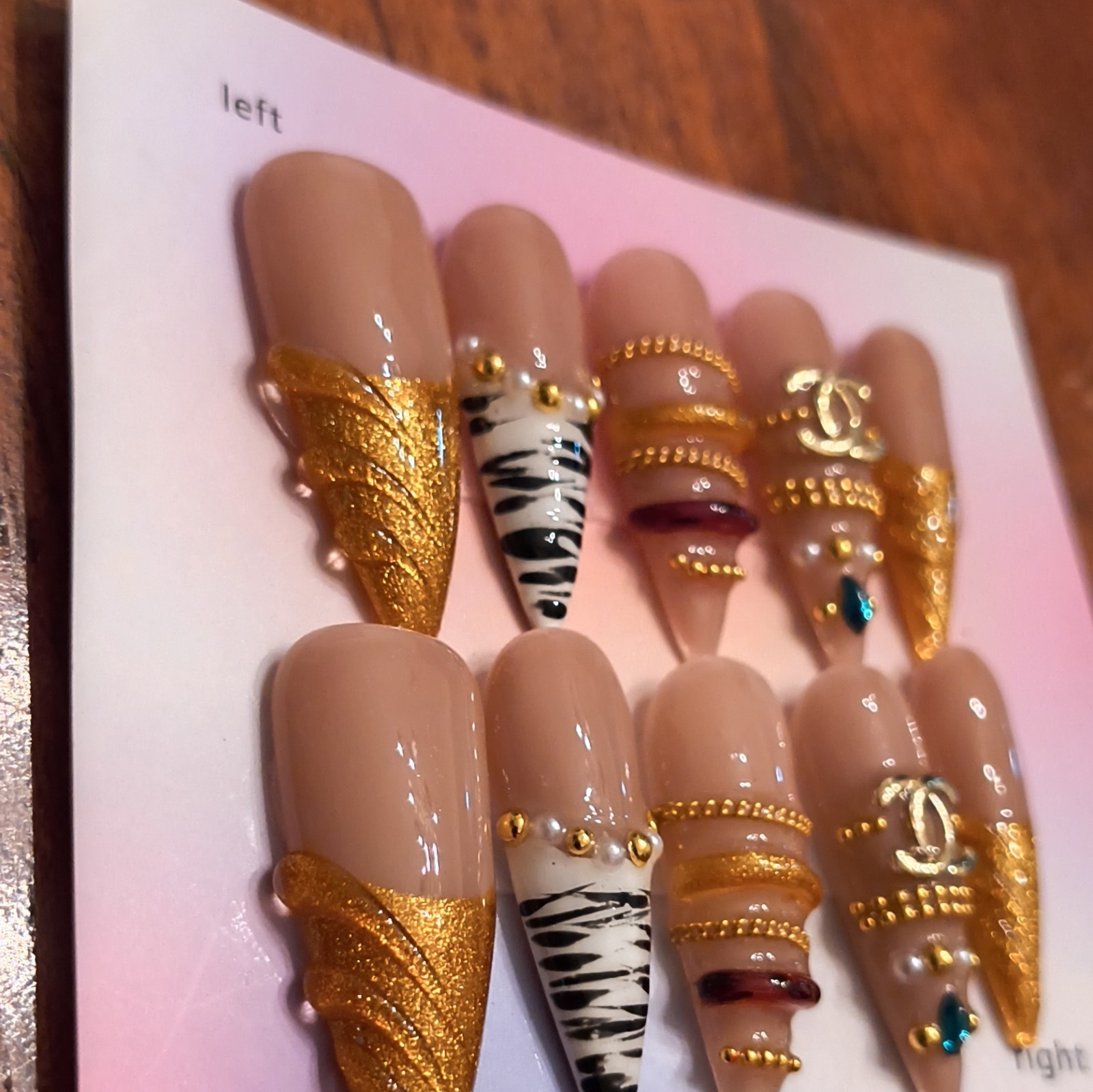 Press-On Nails Inspired Long Stiletto Nude Med Black White Zebra Full Cover