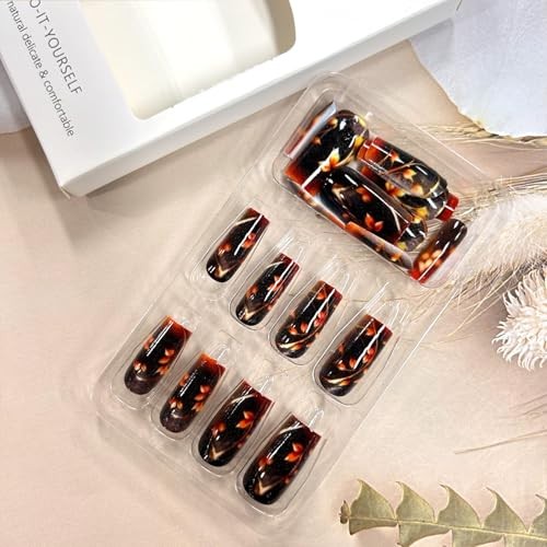 Flower Press on Nails Long Length French Fake Nails Full Cover Flower French