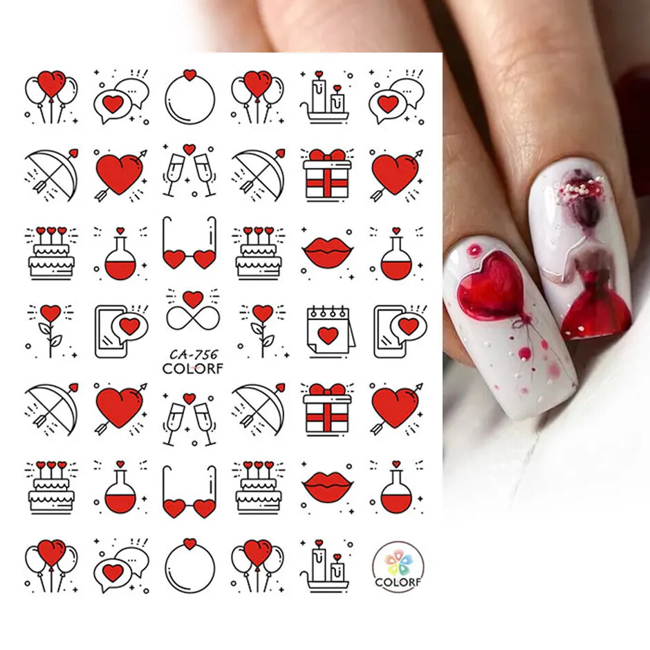 Nail Art Stickers Decals Transfers Valentines Day Pink Love Hearts Red Heart