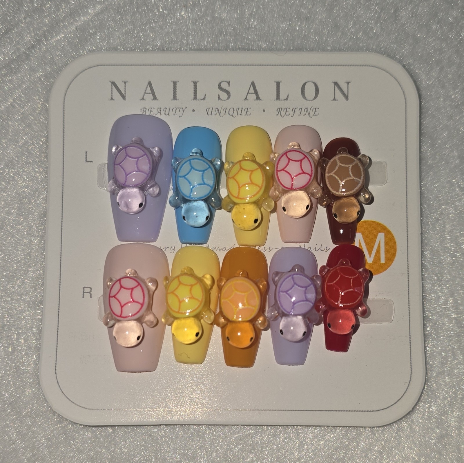 NAILSALON Medium Square Multicolor 3D Turtle Full Cover PressOn Nails #59