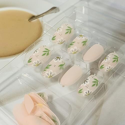 Flower Press on Nails Short Length, Oval Short Nude White Floral Green Leaf