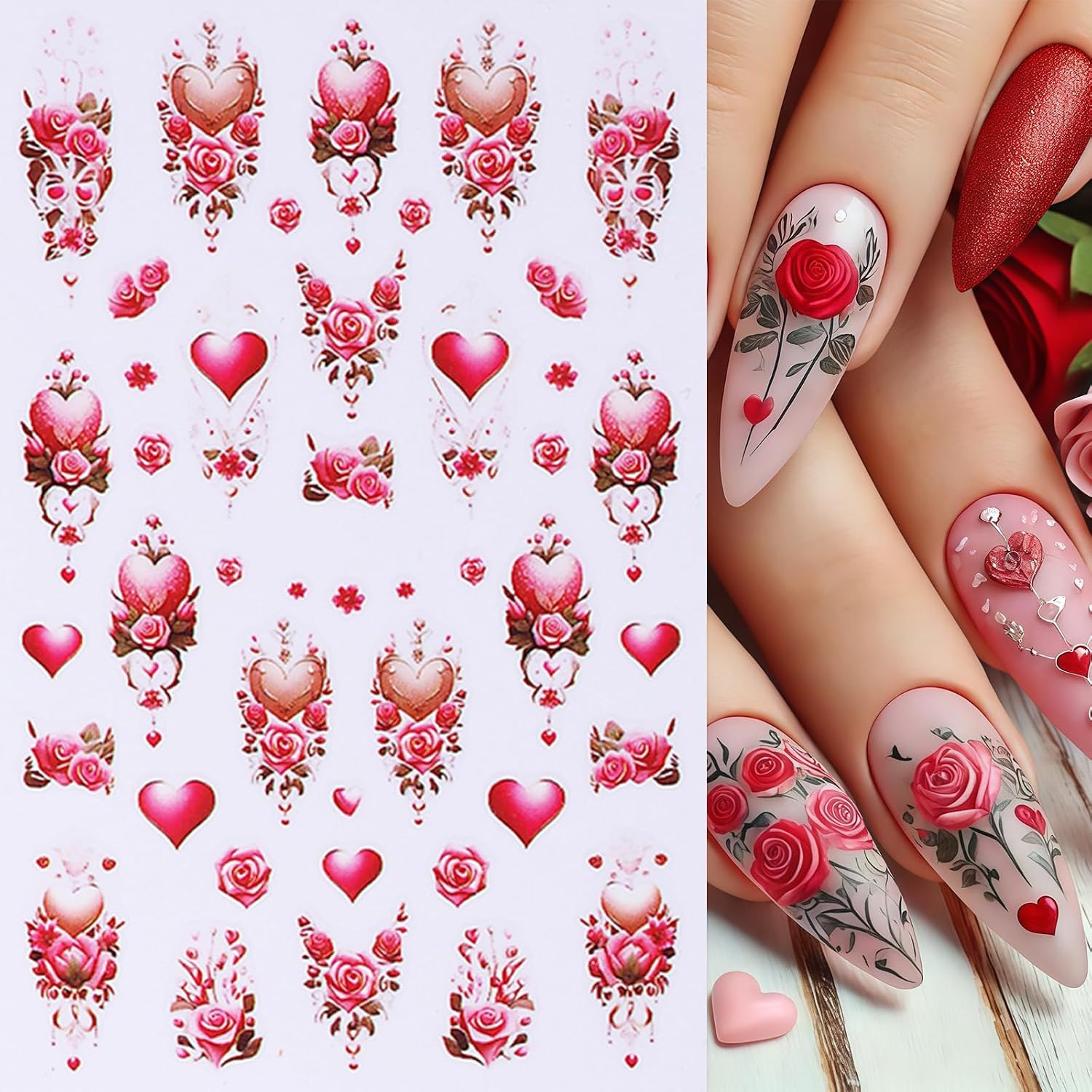 6 Pcs Valentines Day Nail Art Stickers Decals 3D Self-Adhesive Red Rose Love Flo