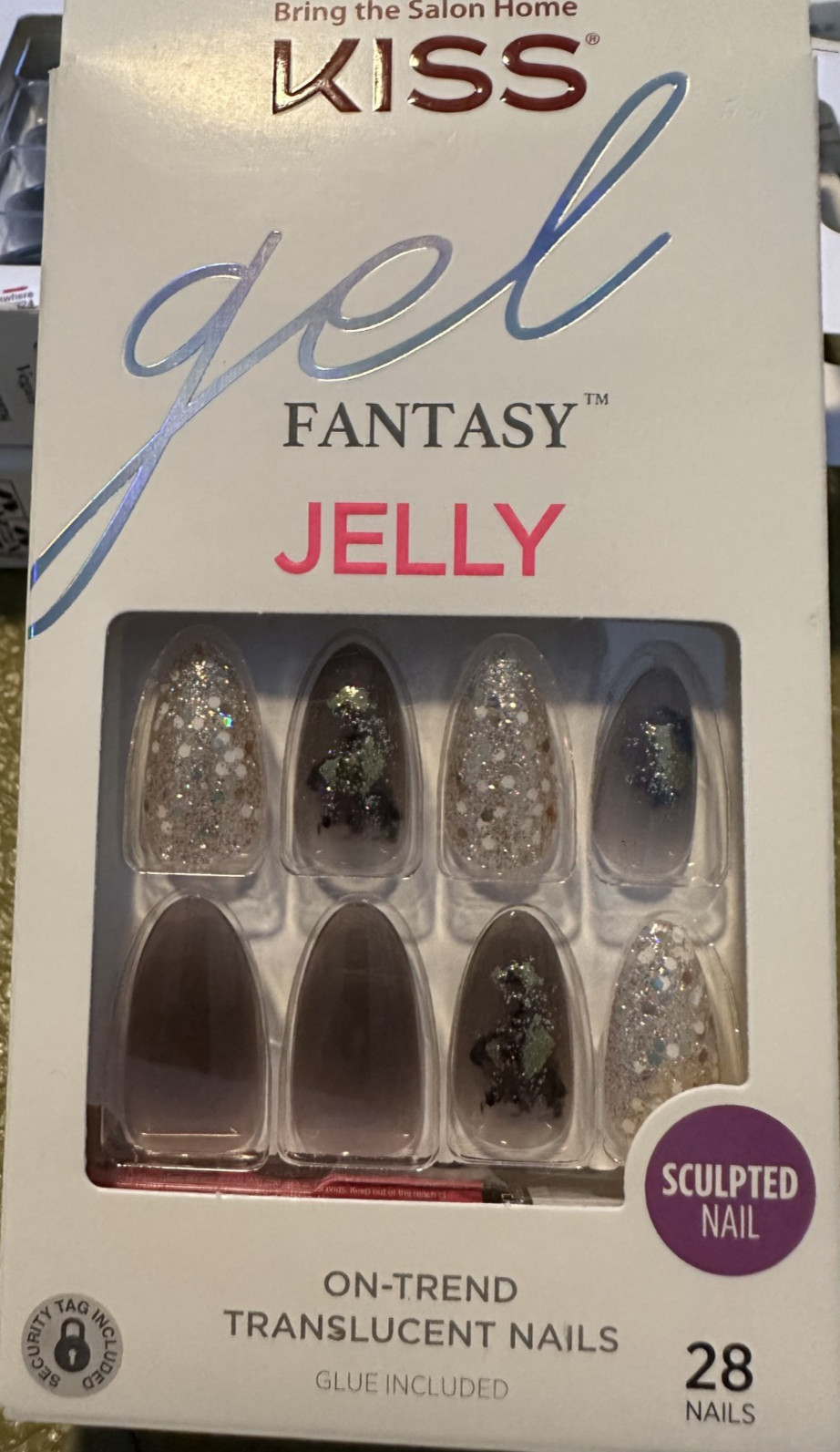 Kiss Nails Gel Fantasy Glue/Press on Medium Almond Gray Silver Glitter Sculpted
