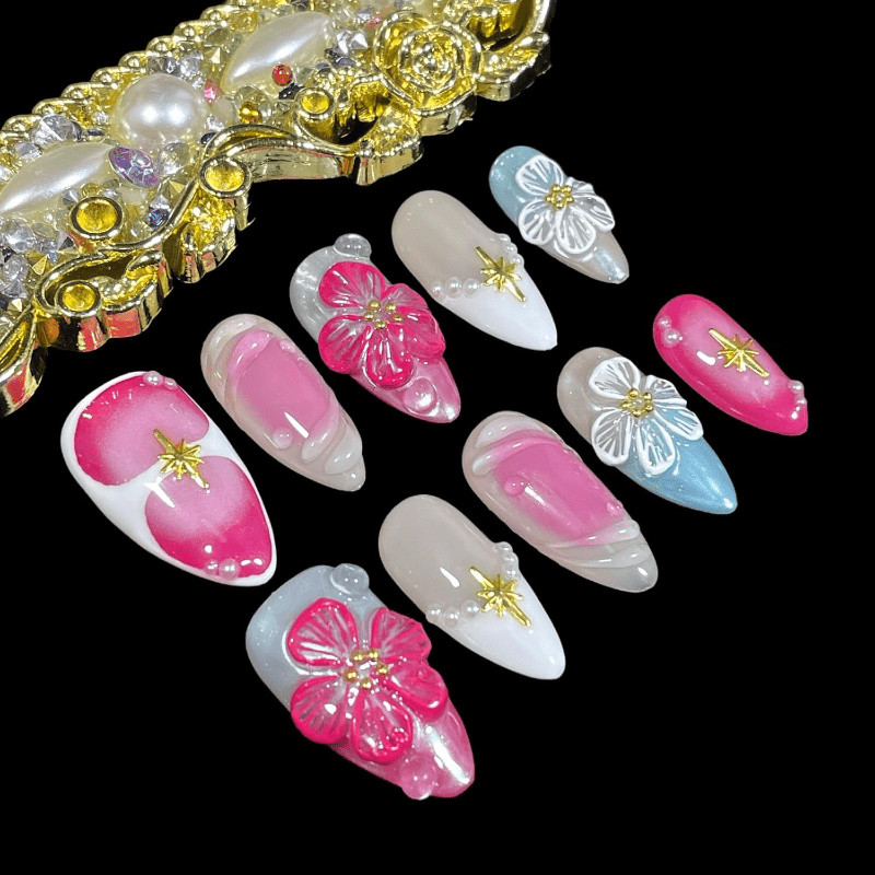 Handmade Medium Almond Fake Nails Pink Blue Ombre 3D Flower Starburst Pearl