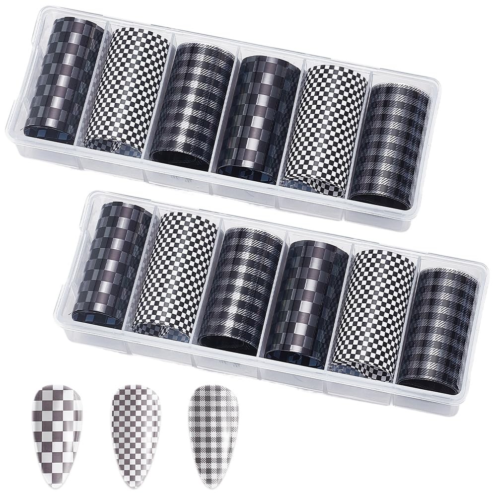 1 6 Rolls Nail Foil Transfer Sheets Black and White Plaid Nail Art Decals PET…