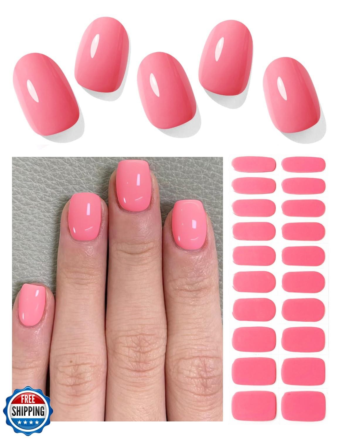 Semi Cured Gel Nail Strips, Coral Pink 20pcs Nail Sticker Wraps, UV Home DIY