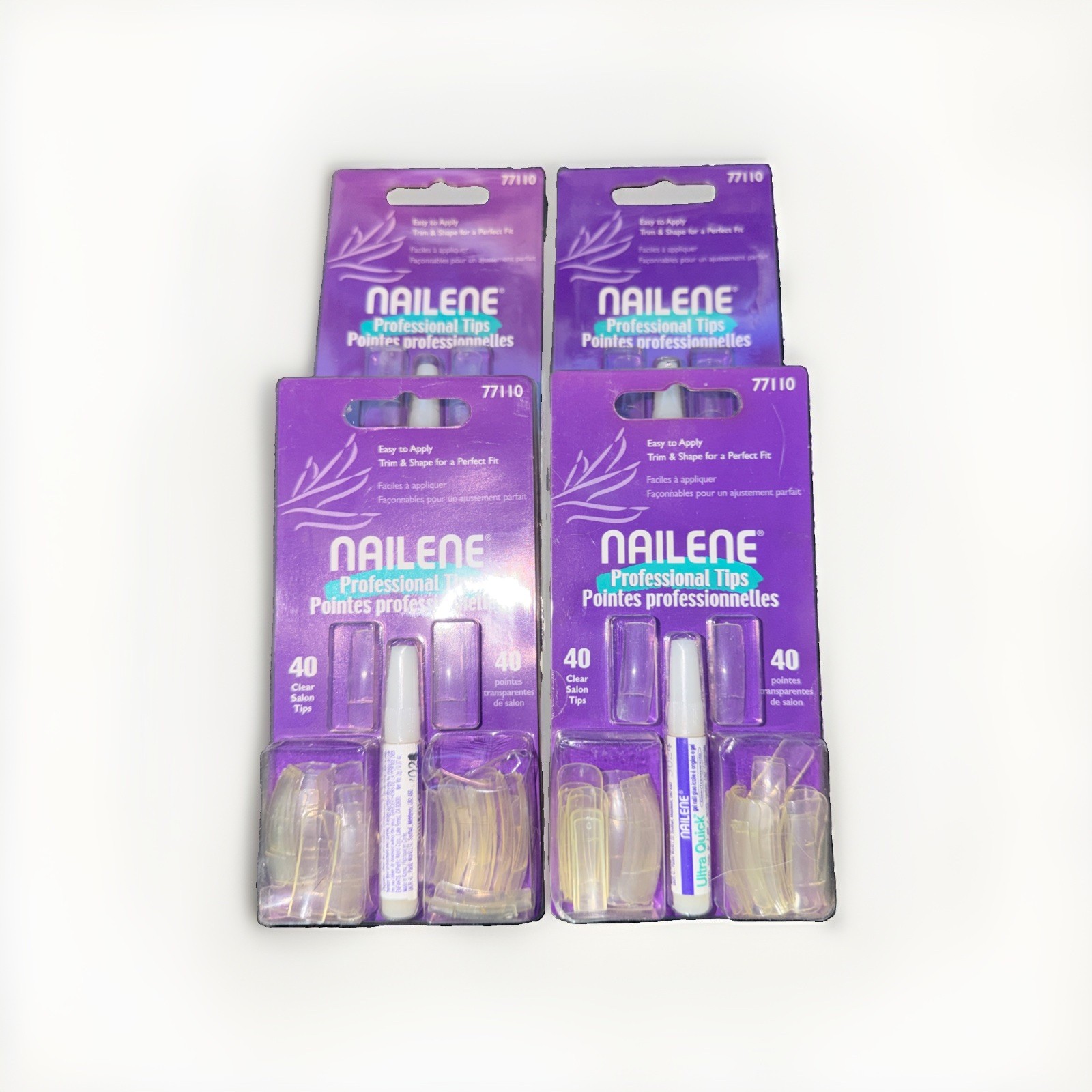 LOT of 4 NEW 40 Each NAILENE Professional Clear Salon Tips w/ Glue 77110