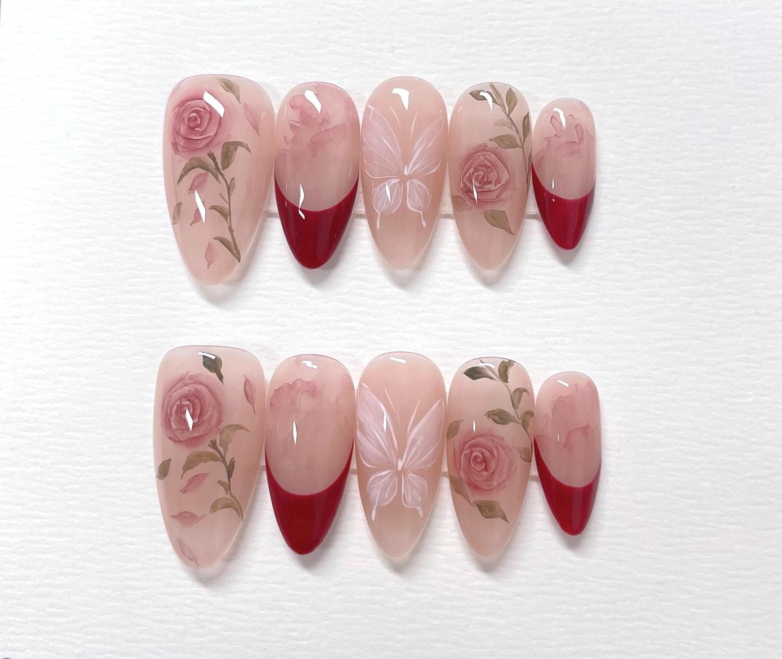 Handmade Custom Red French Tip Watercolor Rose Butterfly Almond Press on Nails
