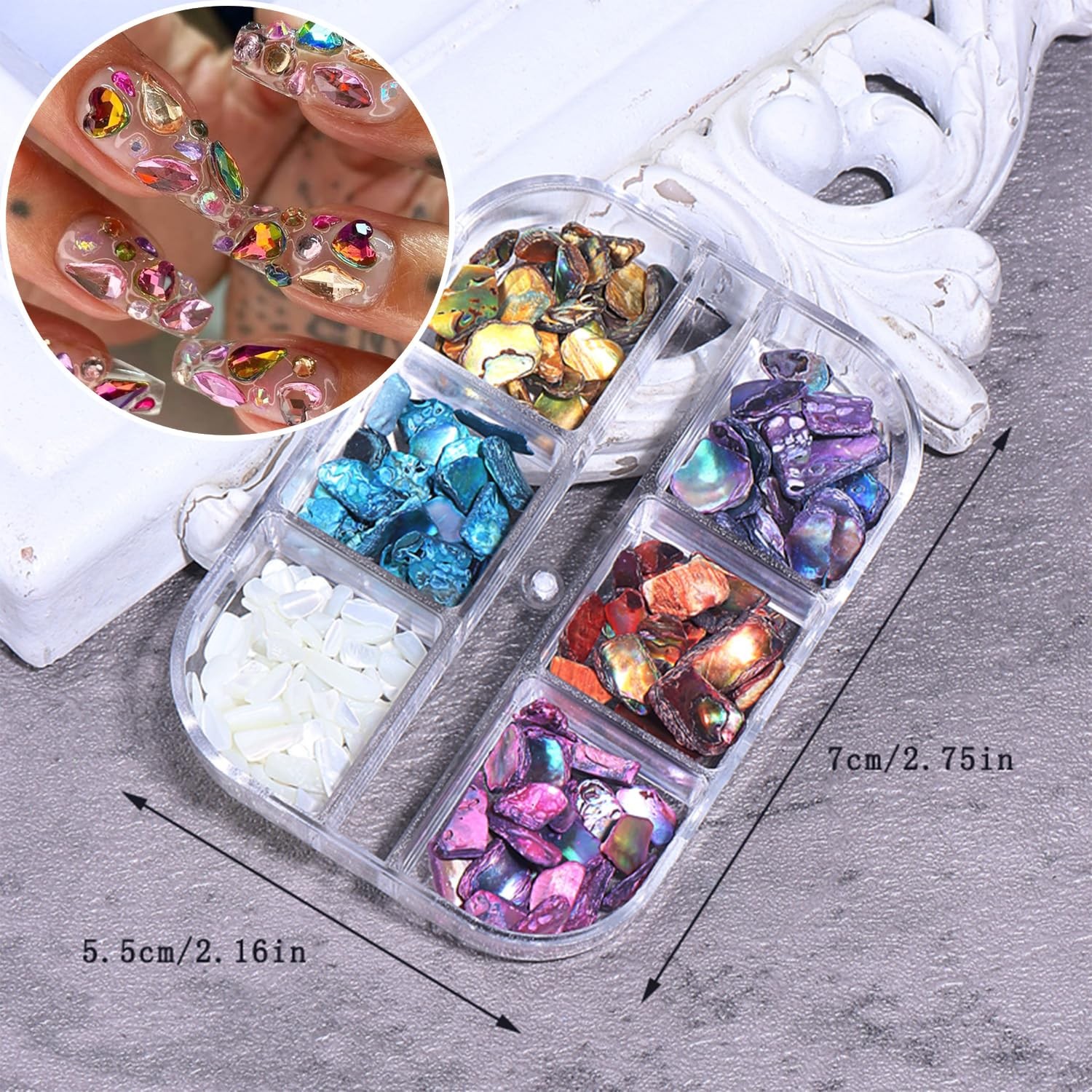 6 Grids Colorful Abalone Shell Stone Nail Gems and Charms 3D Irregular Stone …