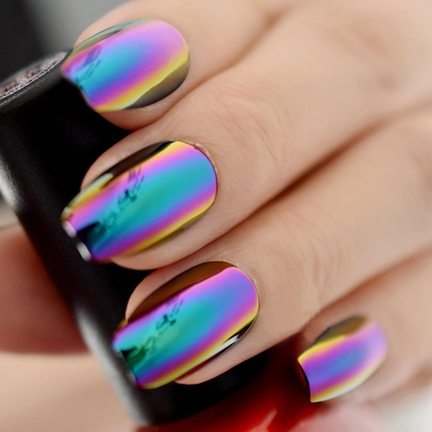 Super Holographic Blue Purple Coffin Nails Mirror Chrome Square Ladies Fake Nail
