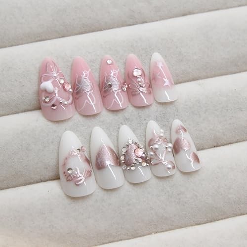 Pink Press on Nails Short Almond Fake Nails 3D Heart Pearl Bow Fake Nails-1