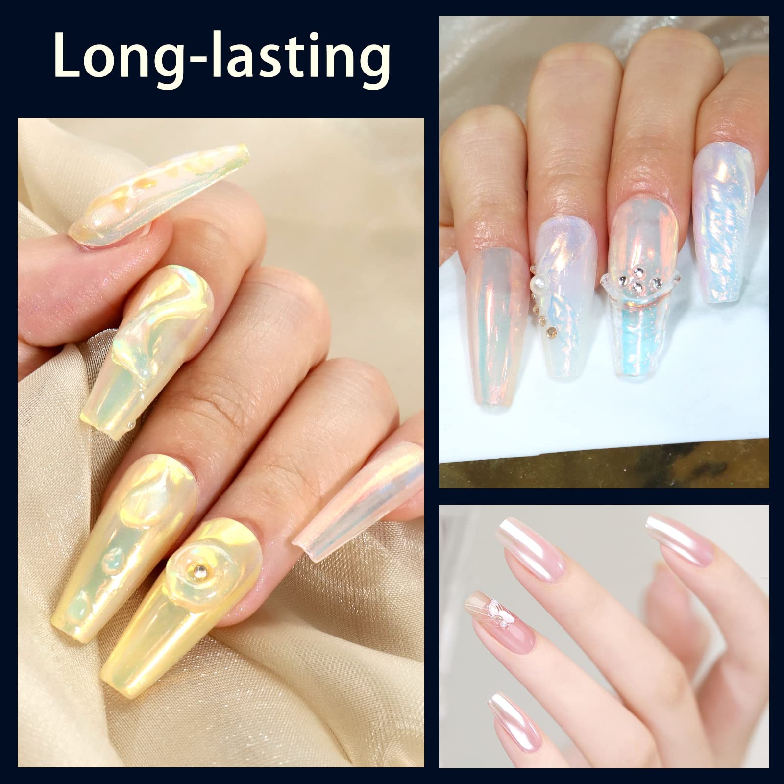 Unicorn Chrome Nail Powder, Aurora Mermaid Iridescent White Pearl Nail Chrome…