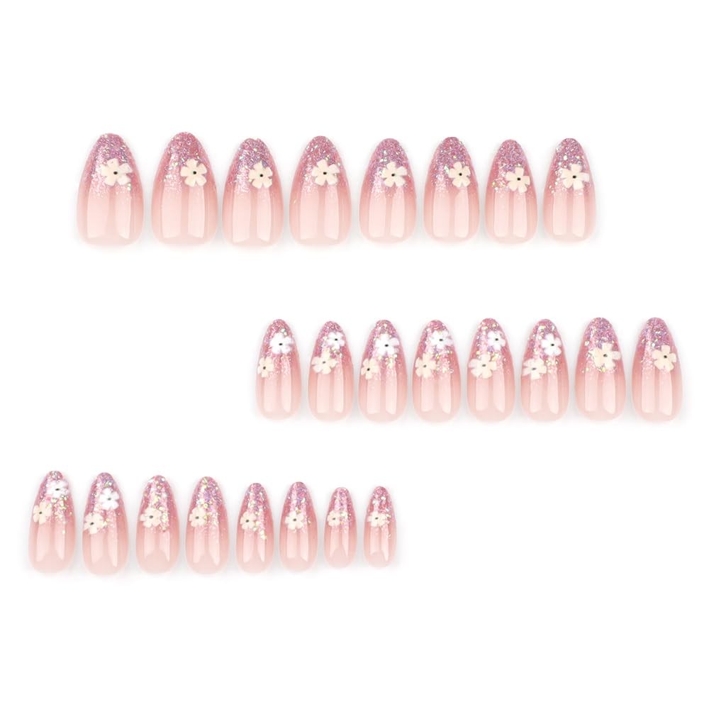 24 Pcs Pink Press on Nails Short Almond Nail Tips,Flower Acrylic Nail Kit Gli…