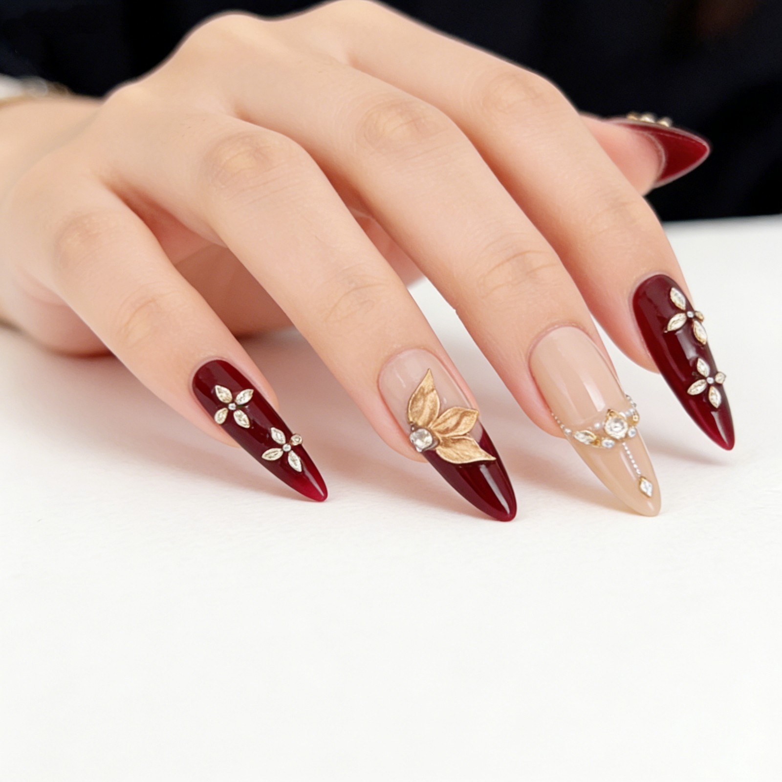 Vintage Gold Maple Leaf Red Press-On Nails with Pearls & Rhinestones Long Almond