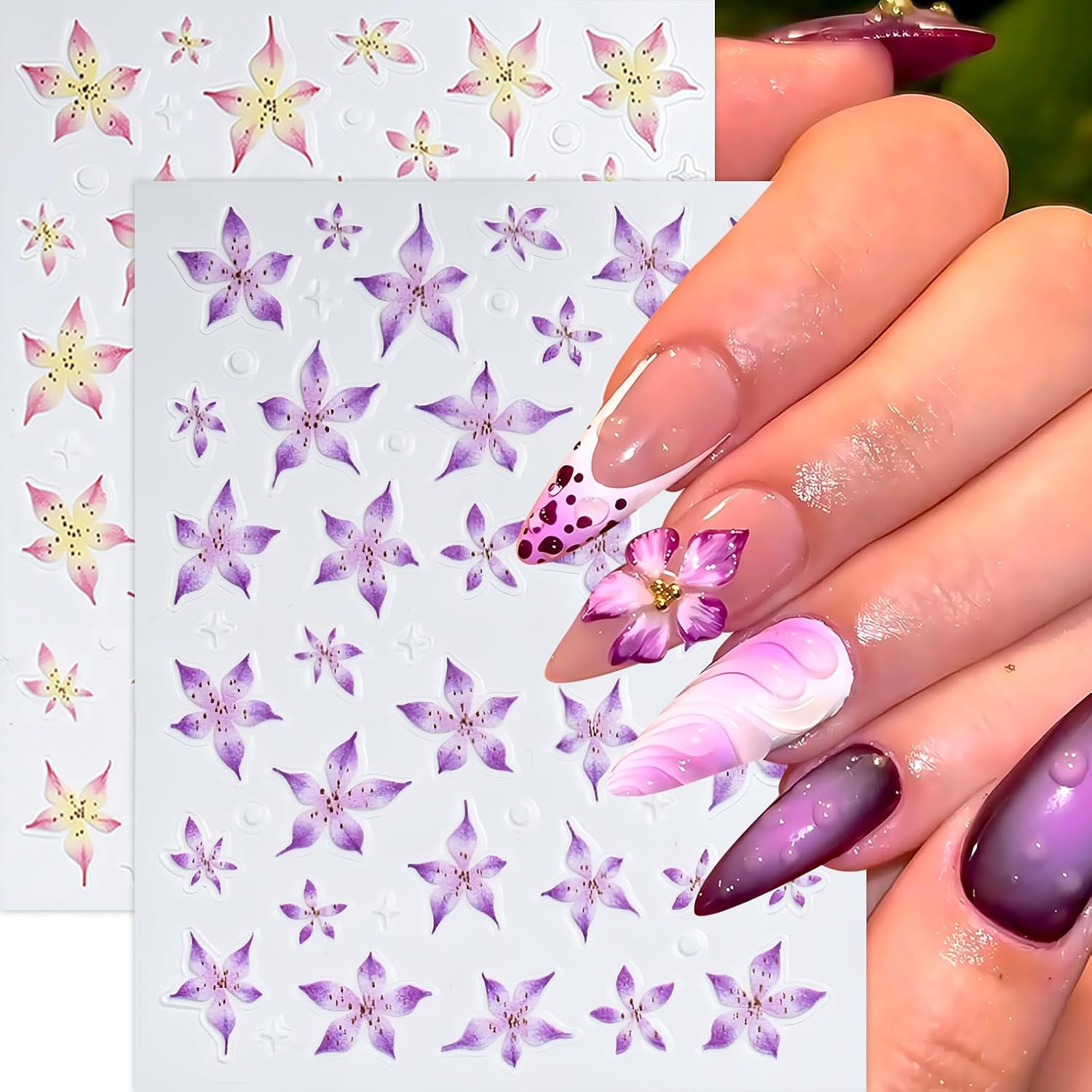 6 Pcs Flower Nail Art Stickers Decals 5D Lily Flower Embossed Nail Decals Purple
