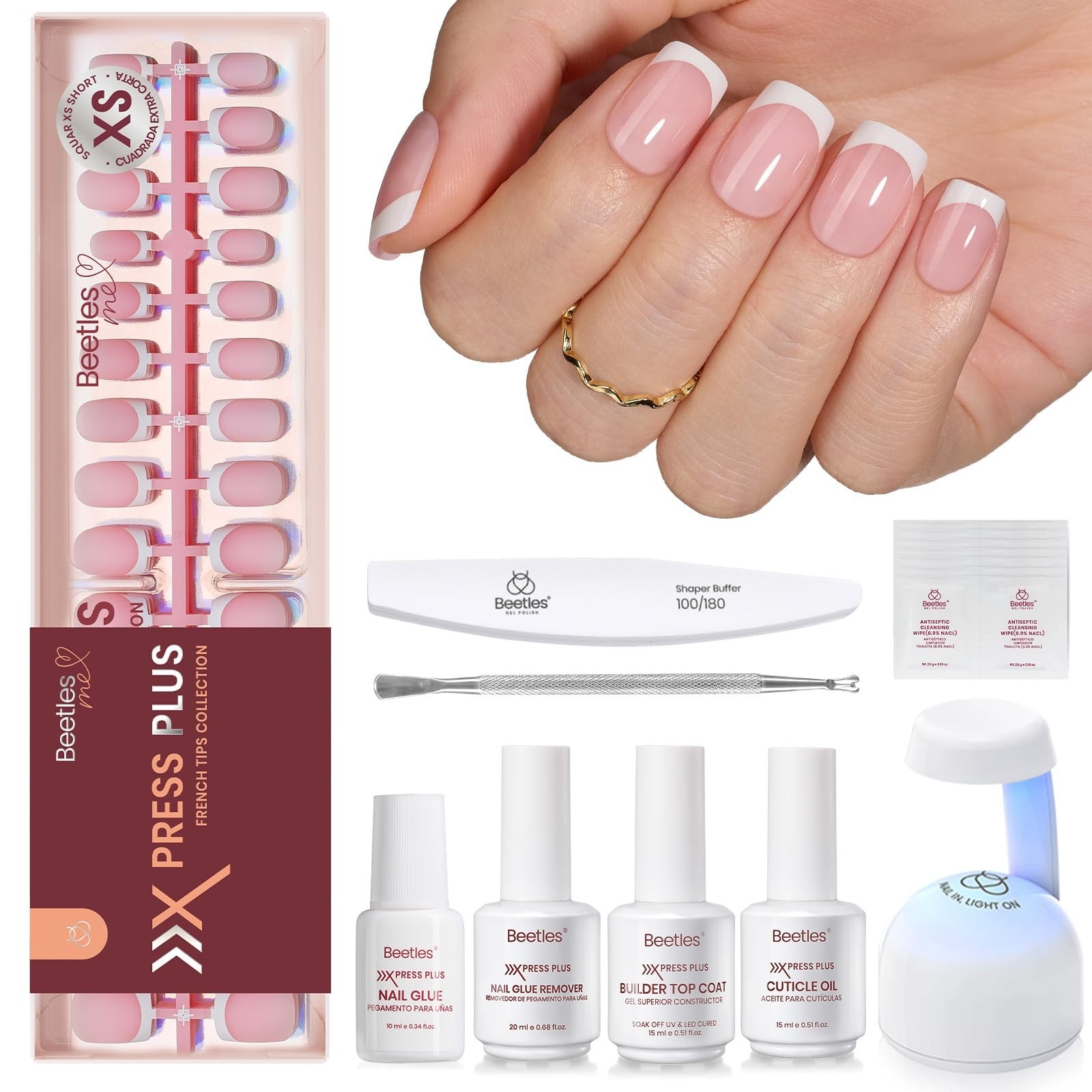 Extra Short Square French Tip Press-On Nail Kit – 210 Pcs, 15 Sizes, Glue & Lamp