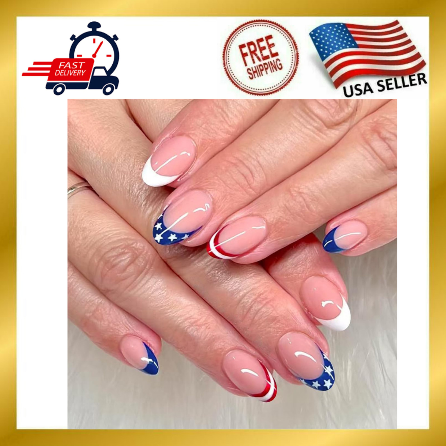 24Pcs French Tip Press on Nails Red Blue White Fake Nail Set for 4th of July