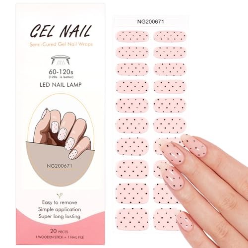 Polka Dot Semi Cured Gel Nail Strips – 20Pcs Pink UV Gel Nail Wraps Style-1