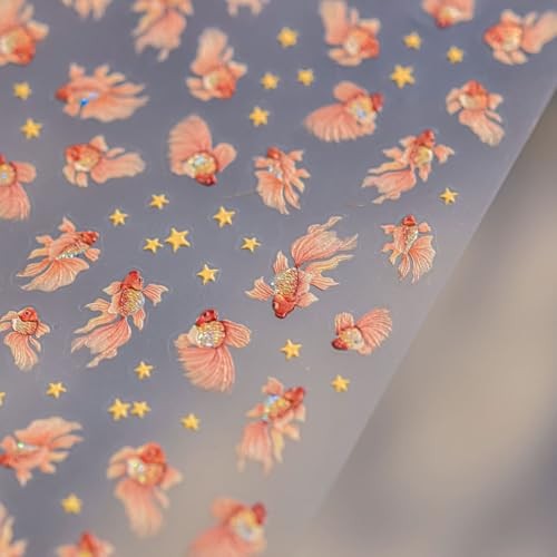 Nail Art Stickers Sparkly Koi Fish Nail Stickers 5D Embossed Cute Star Goldfish