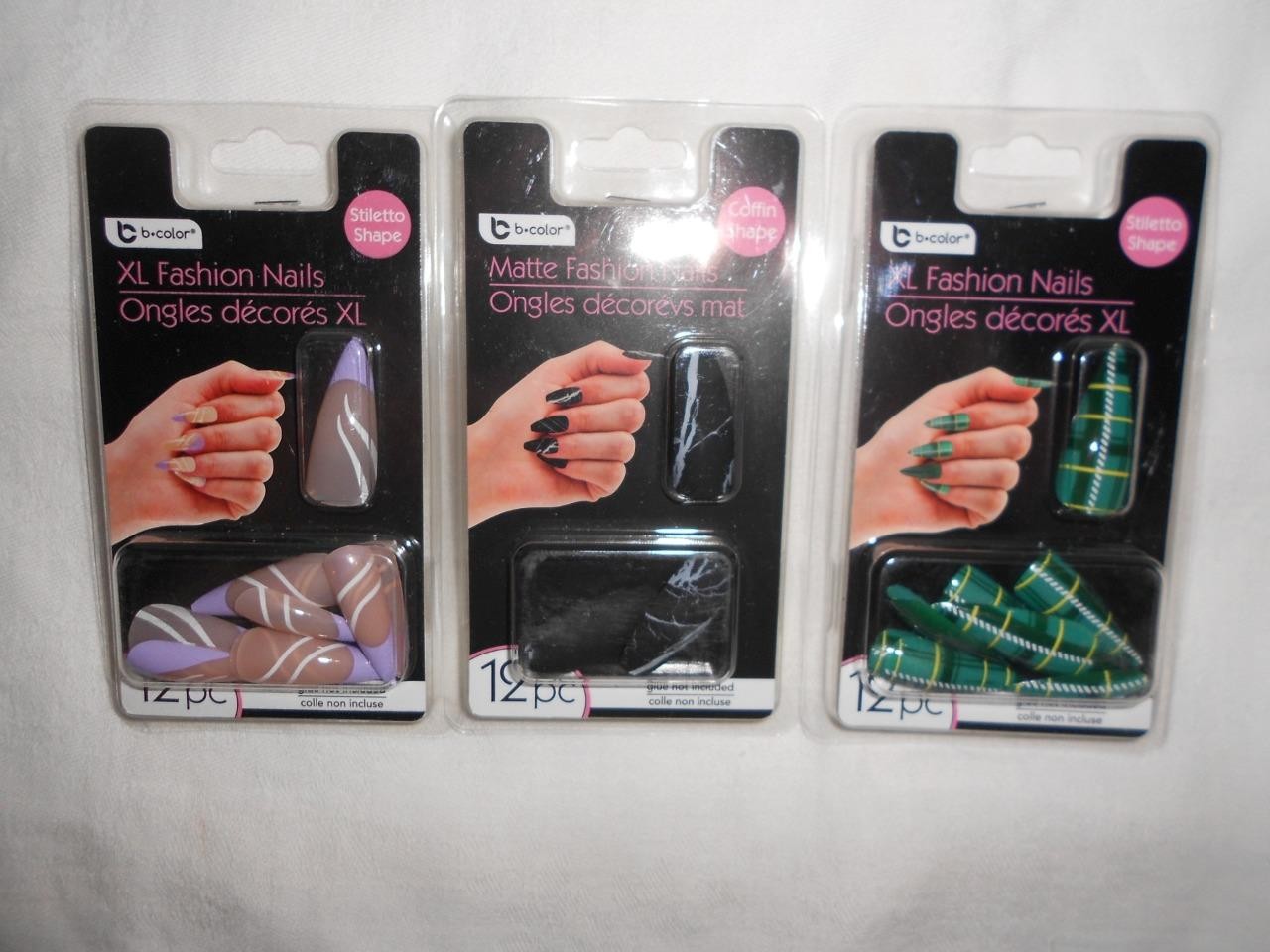 Lot 3 12pk B-Color XL Green Plaid, Purple Tip & Black Marble Fashion Nails NEW