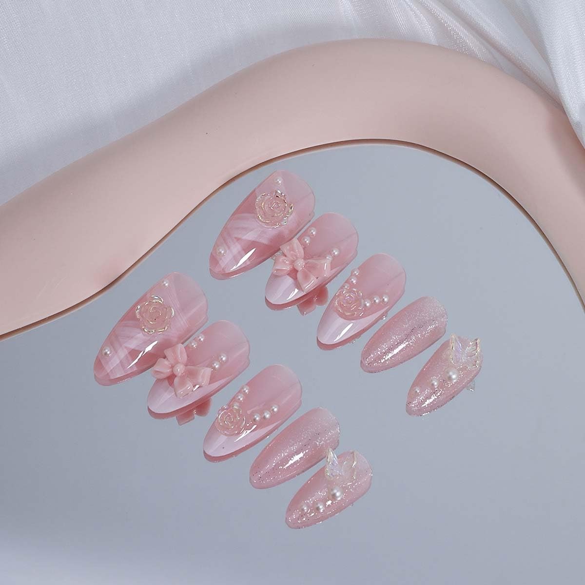 24Pcs French Tip Press on Nails Medium Almond Bow 3d Flower Fake Nails With P…