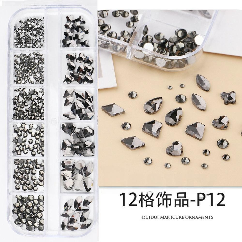 12 Grid Mixed Nail Art Supplies, Beads Flatback Rhinestones Iridescent Charms