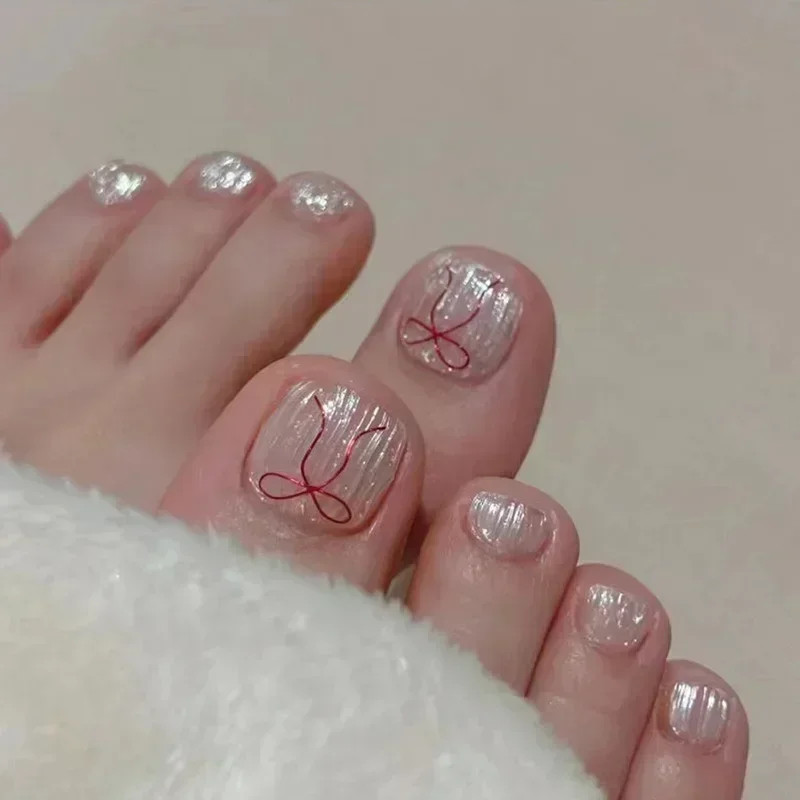 24pcs French Toe Nails:Glitter Diamond Short Press on Toenails