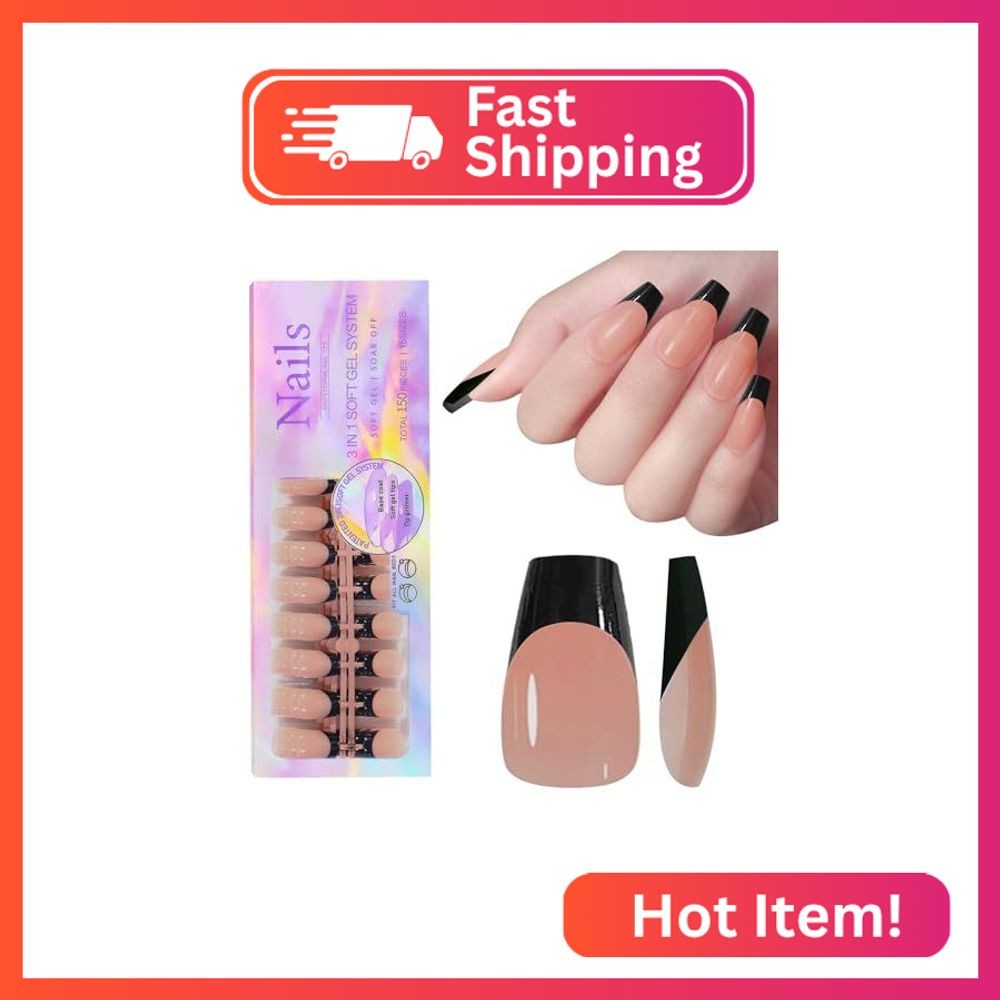 French Gel Nail Tips, 150pcs Black French Tip Press on Nails Soft Gel Fake Nails