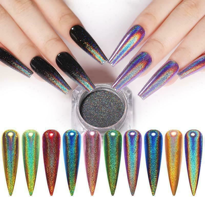 Holographic Nail Powder With Applicator Chrome Shimmer Mirror Glitter Pigment
